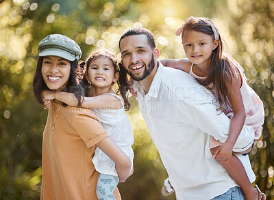 Buy stock photo Family portrait, piggy back and love in park, happy smile and care together in nature park together in summer. Mother, father and girl kids, holiday and happiness with care, support or bond in forest