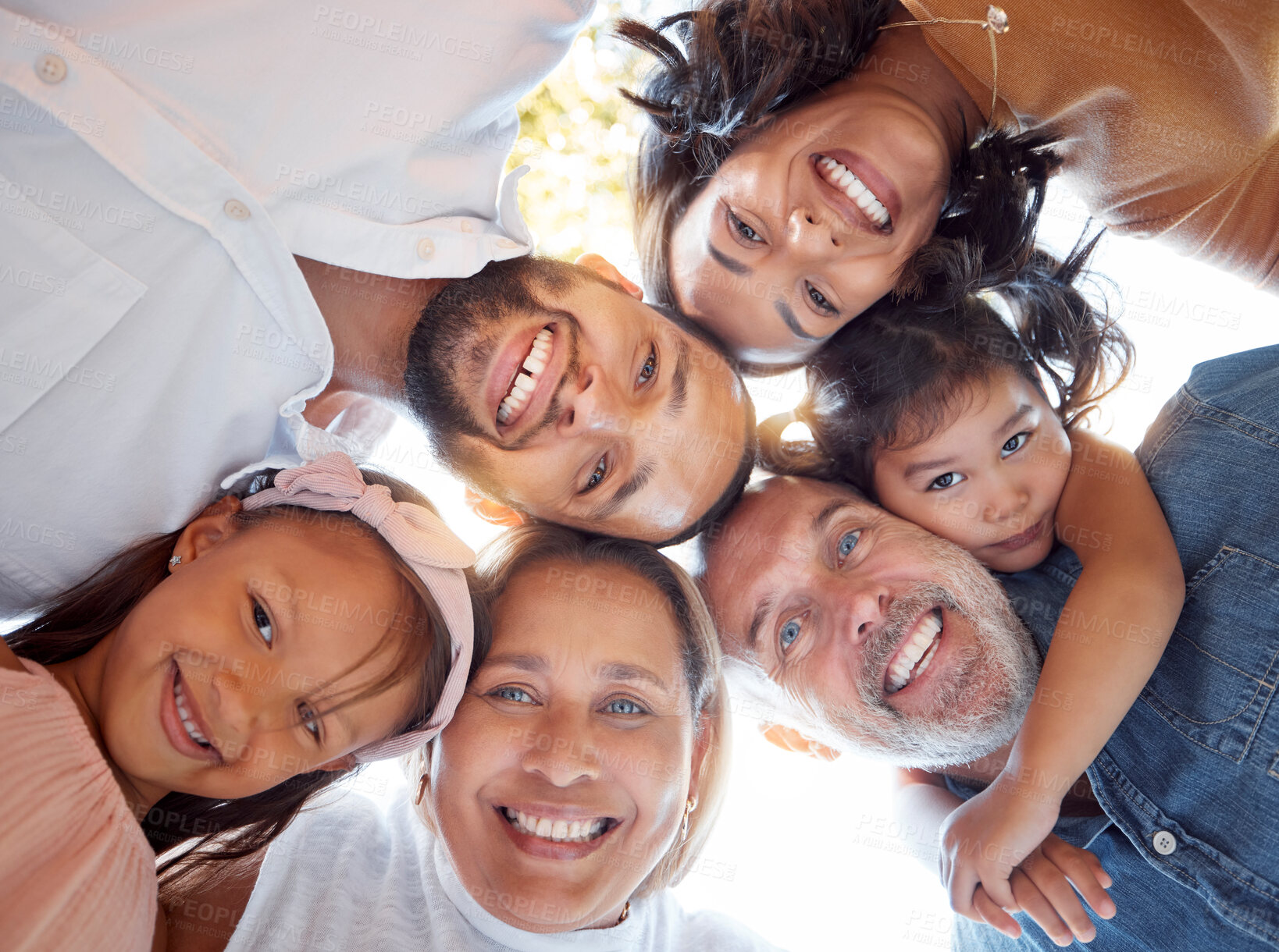 Buy stock photo Happy, big family and portrait smile below for fun quality bonding together in the outdoors. Mother, father and grandparents with children faces smiling in happiness for holiday, break or family time