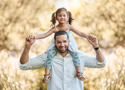 Buy stock photo Portrait of dad, child and holding hands on shoulder while bonding in nature with love, happy smile and relax with bokoh tree background. Smiling father, little girl and family outdoor time together 