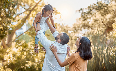 Buy stock photo Happy family, nature and love with child, mother and father at nature park together for care, trust and support. Woman, man and lifting girl for freedom and airplane game for fun outdoor on vacation