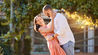 Buy stock photo Couple, hug and love in nature park, smile and happy together with relationship and romance on outdoor date. Bonding, care and romantic, man holding woman and spending quality time outside.