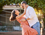 Happy, love and couple dance in nature for romantic summer date together in Cancun sunshine. Happiness, smile and care of man dancing with beautiful partner for outdoor fun and romance.

