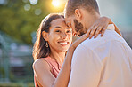 Love, happy and couple hug on vacation for a honeymoon in Brazil, Sao Paulo for relaxing peace and freedom. Smile, travel and young woman hugging her partner enjoying a summer romance on holiday