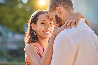 Buy stock photo Love, happy and couple hug on vacation for a honeymoon in Brazil, Sao Paulo for relaxing peace and freedom. Smile, travel and young woman hugging her partner enjoying a summer romance on holiday