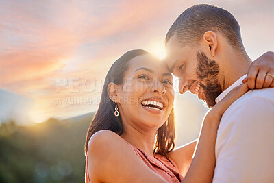 Buy stock photo Sunset, romance and love with a couple hugging outdoor while happy dating in nature together. Sky, mockup and date with a young man and woman embracing while romantic bonding outside in summer