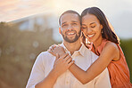 Love, sunshine and portrait of couple in park enjoying summer holiday, vacation and weekend. Bonding, affection and happy young man and woman hugging, embrace and smiling together on romantic date
