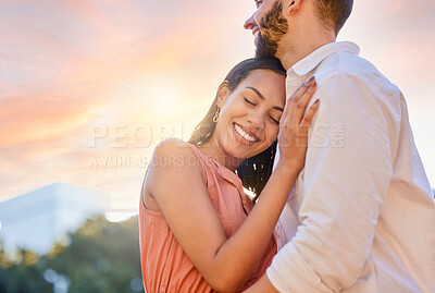 Buy stock photo Couple, smile and hug for love, support or care for relationship bonding or embrace together in the outdoors. Happy woman hugging man embracing romance and smiling in happiness for fun quality time