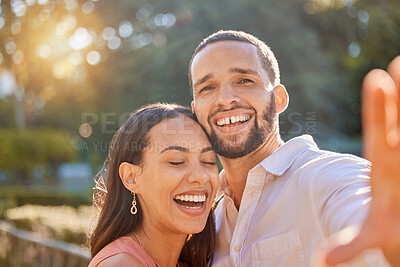 Buy stock photo Couple, funny selfie and happiness while outdoor in summer on vacation for love, care and memory or profile picture for social media. Portrait of a happy man and woman in nature for a romantic date