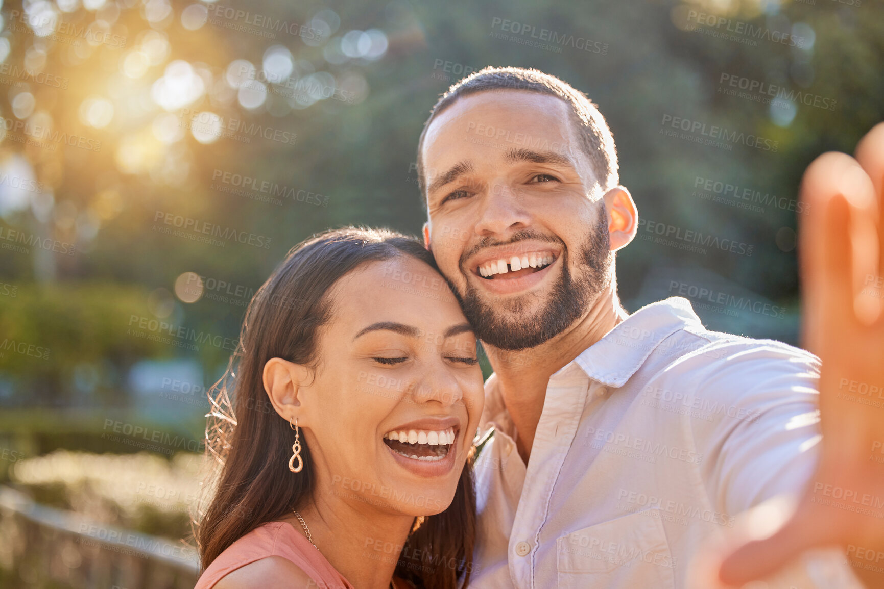 Buy stock photo Couple, funny selfie and happiness while outdoor in summer on vacation for love, care and memory or profile picture for social media. Portrait of a happy man and woman in nature for a romantic date