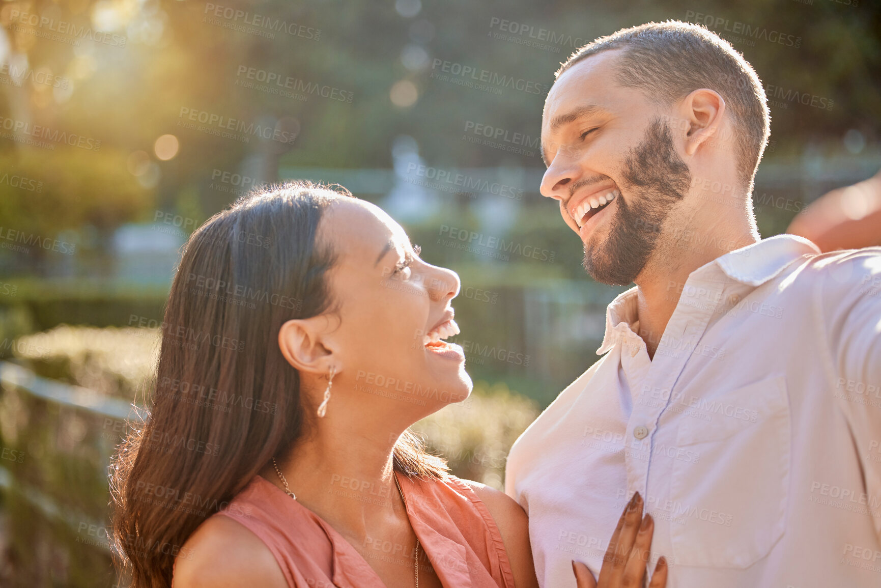 Buy stock photo Happy couple, selfie and love in park, garden and sunshine for bonding, quality time and romantic date together outdoors. Happy man, smile woman and summer holiday, freedom and commitment in marriage