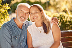 Senior couple, portrait and park, retirement and love, care and quality time together in happy marriage, relationship or summer garden, park and outdoors. Happy mature couple, man and woman in nature