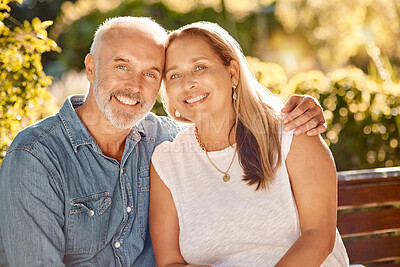 Buy stock photo Senior couple, portrait and park, retirement and love, care and quality time together in happy marriage, relationship or summer garden, park and outdoors. Happy mature couple, man and woman in nature