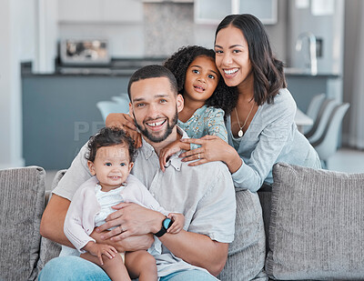 Buy stock photo Happy family, portrait and home with mother, father and children together in the living room at home for love, care and happiness. Smile of a black man, woman and kids in their Puerto rico house