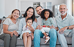 Big family, portrait and relax on sofa for quality time, support or relationship bonding in family home. Happy family, love and care for children, happiness and grandparents smile together on couch