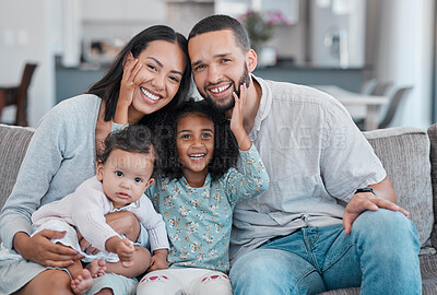 Buy stock photo Happy family, portrait and love for relax on sofa together or quality time, support and relationship care in family home. Parents smile, excited children and happiness on couch in house living room