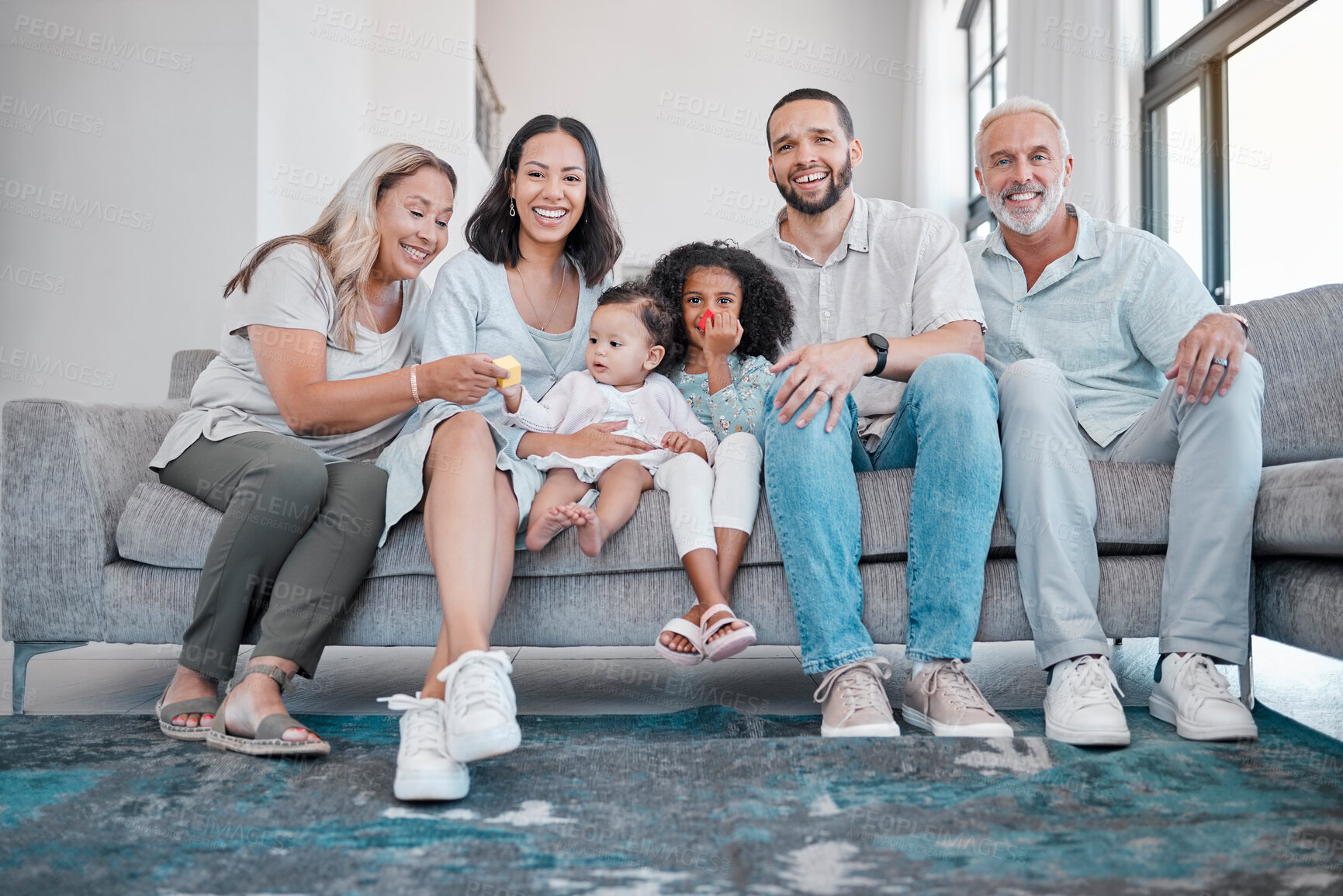 Buy stock photo `Big family, happiness and portrait of love, support and care of grandparents, parents and children together on living room couch. Smile of men, women and kids in brazil house for bonding and relax