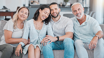 Buy stock photo Big family, love and happy on sofa in home, bonding and enjoying quality time together. Family care, happiness portrait and grandma, grandpa and man and woman on couch in living room relax in house