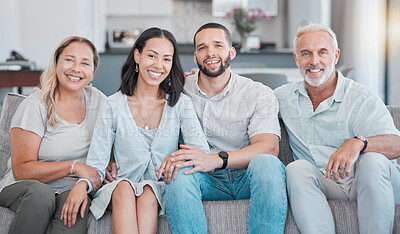 Buy stock photo Diverse, family and portrait in family home for bonding with love, care and affection. Relax, rest and interracial group of people bond on sofa in loving, caring relationship with happiness 