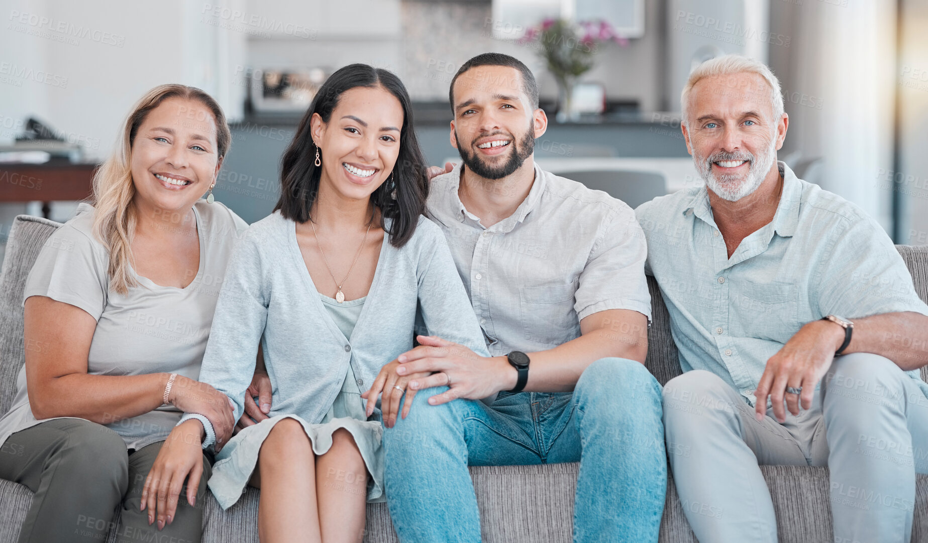 Buy stock photo Diverse, family and portrait in family home for bonding with love, care and affection. Relax, rest and interracial group of people bond on sofa in loving, caring relationship with happiness 