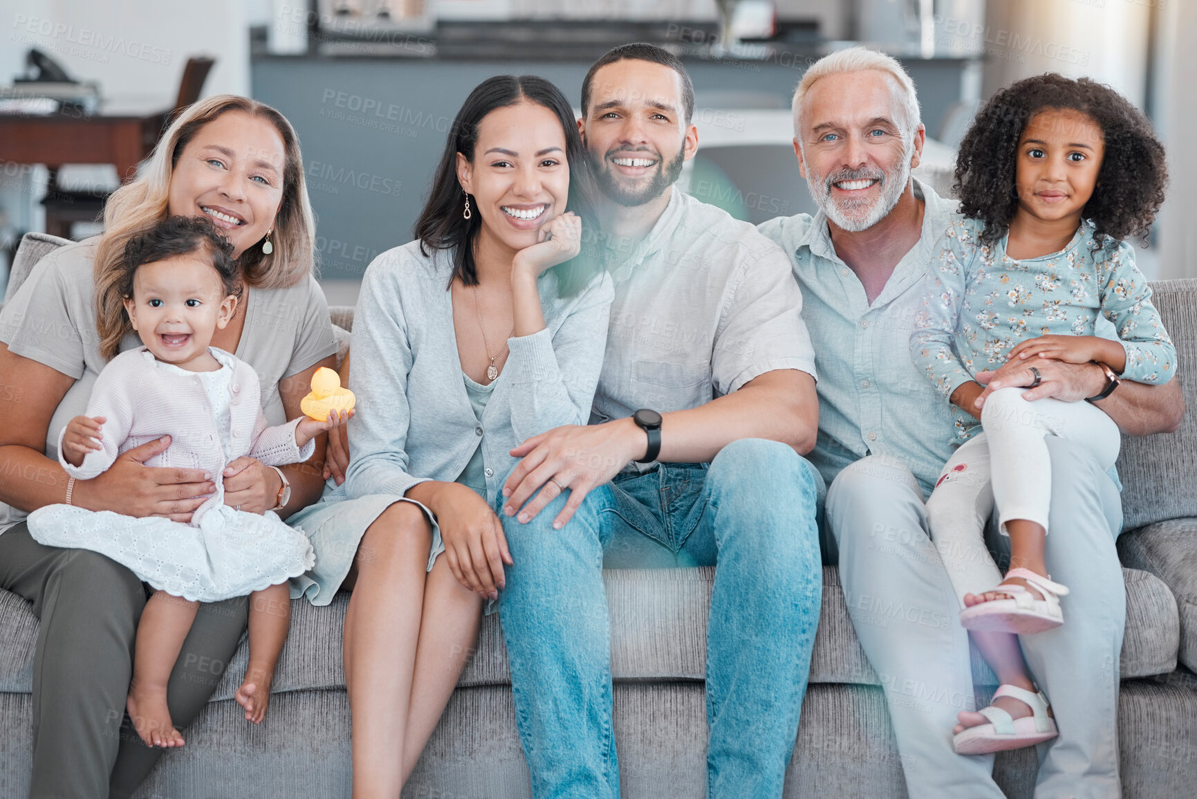 Buy stock photo Big family portrait, love and living room in family home, house and sofa lounge, relax and bonding together. Grandparents, parents and smile kids of happy family, diversity and quality time on couch 