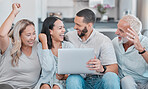 Family, laptop and celebration for good news on sofa and relaxing together in happiness at home. Happy couple and grandparents celebrating success for promotion on computer on the living room couch