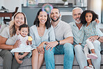 Big family, happy and relax portrait and happy smile, sitting on couch in home with love, care and support in lounge. Mother, father and grandparents with girl kids bonding, happiness and together