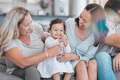 Buy stock photo Family, love and baby with a mother, grandmother and infant girl bonding on a sofa in the living room of a house. Mothers day, children and visit with a female toddler, woman and daughter at home