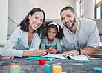 Family, portrait and bonding for education, learning and drawing or playing with toys on the living room floor. Mother, father and little girl learn with homework, school work and writing 