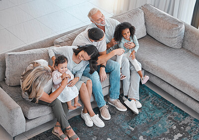 Buy stock photo Happy family, children or parents bonding with senior grandparents on sofa in house or home living room. Top view, men or women with kids, girls and retirement elderly people together on lounge couch