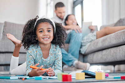 Buy stock photo Family, learning and girl in living room drawing for kindergarten school homework or project. Portrait, art and education of creative kid coloring on paper with parents on the sofa in lounge of house