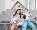 Happy family with kids in living room of new family home, property and excited homeowners. Future, real estate and family security in home with mortgage for dad, mom and children with roof over head.