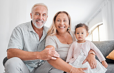 Buy stock photo Senior couple, grandparents or baby girl bonding on sofa in house or home living room in trust, babysitting support or love. Portrait, smile or happy retirement elderly people, grandchild or toddler