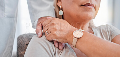 Buy stock photo Mature woman, doctor and holding hands in support, trust and empathy in hospital clinic with chronic, terminal or cancer diagnosis. Zoom, healthcare worker and woman in comfort for mental health help