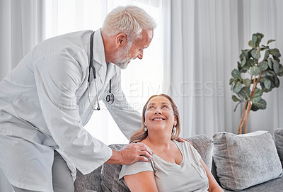 Buy stock photo Healthcare, support and doctor with patient in home doing checkup, consultation and health exam. Medical care, trust and healthcare worker with woman on sofa smiling for care, compassion and empathy