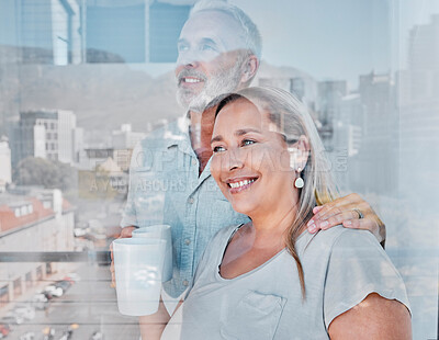 Buy stock photo Couple, coffee and thinking at window about retirement future in morning together at home. Happy elderly woman, loving senior man and motivation support, vision and love or relax wellness with drink