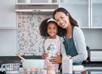 Buy stock photo Cooking, portrait and mother teaching child in kitchen with butter, eggs and food for breakfast, dessert or cake home education. Black family mom and kid learning, support and help baking together