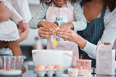 Buy stock photo Baking, egg and mother helping her child in the kitchen to bake a cake, cookies or pie together. Ingredients, bonding and woman cooking a lunch meal with her daughter for event or party at their home