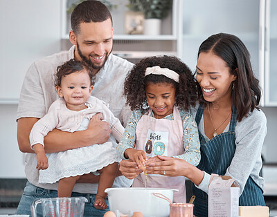 Buy stock photo Family, learning and girl cooking in kitchen, bonding or having fun in home. Care, love and support of parents, father and mother, baby and kid baking, crack egg and enjoying quality time together.