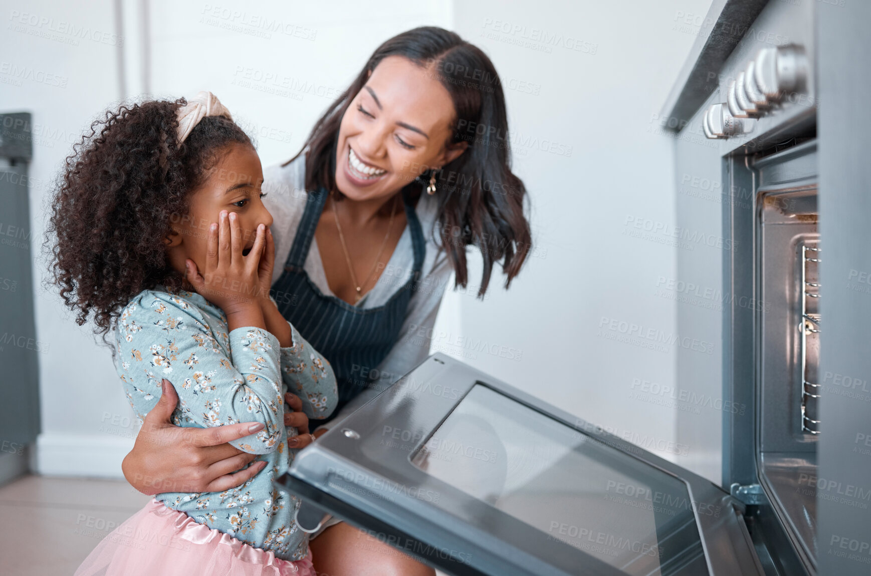 Buy stock photo Woman, child and baking at the oven while waiting with surprise for food or baked food. Mother, daughter and kid using a convection stove or oven for cooking or bake meal in the family home to bond