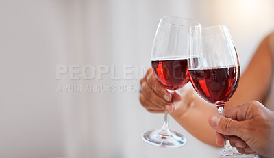 Buy stock photo Wine glass, toast and celebration couple with mockup space for winery, hospitality or luxury industry marketing, advertising and promotion. Red wine, quality time and love people hands celebrate date