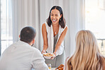 Home, food and happy host woman serving guests lunch in Mexico home with cheerful smile. Happiness, wellness and smile of girl hostess holding health couscous salad at house gathering.

