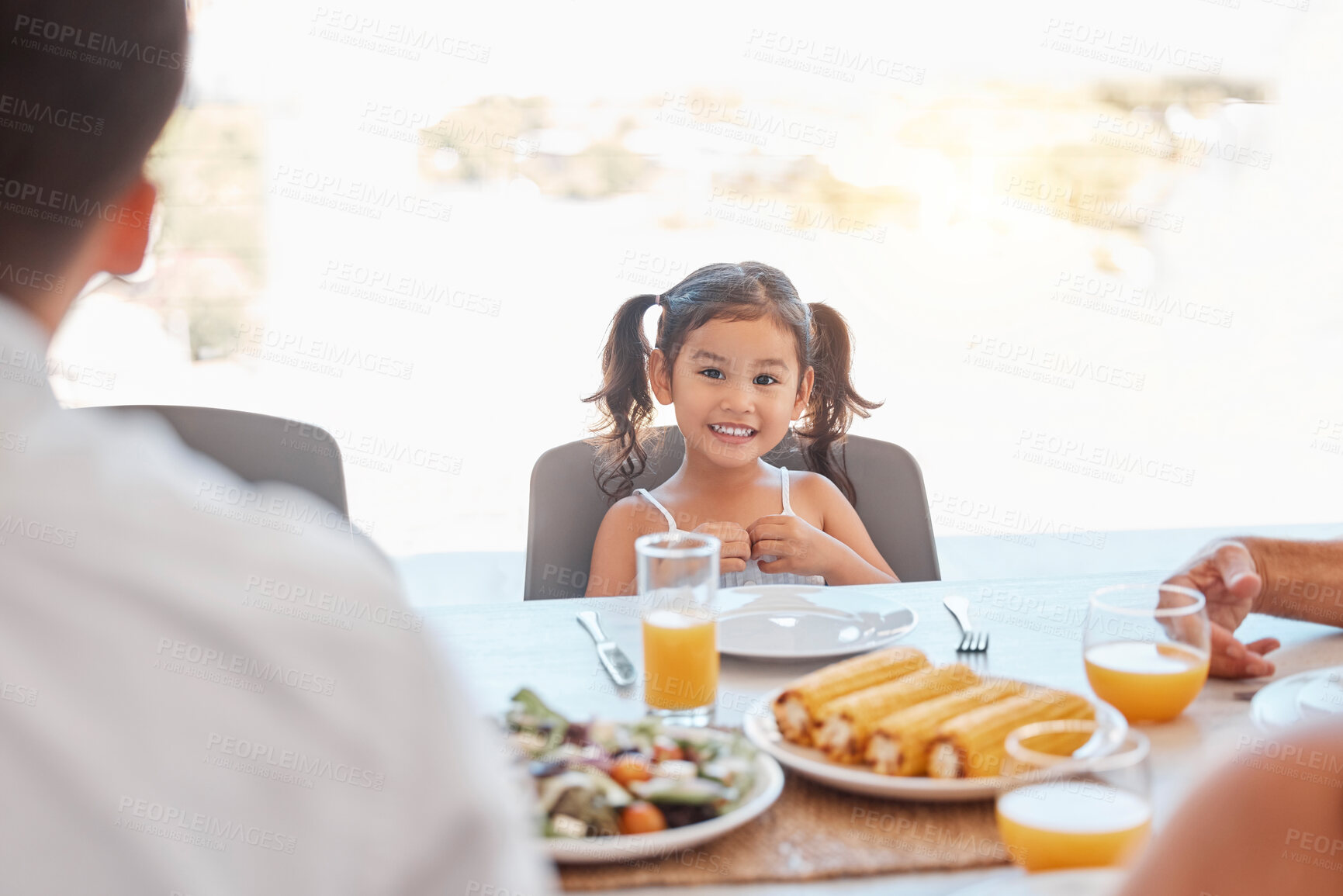 Buy stock photo Child, girl or family lunch meal at dining table for holiday celebration, reunion or social gathering. Portrait, smile or happy kid with healthy food in house, home or restaurant and bonding at party
