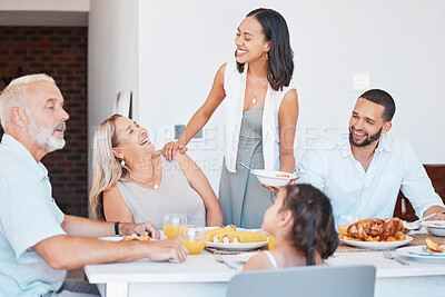 Buy stock photo Happy family, eating lunch food and dinner table meal, social gathering or family lunch in dining room together. Smile, happiness and meal celebration, brunch and quality time to enjoy in family home