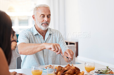 Buy stock photo Family, turkey and senior man cut meat for brunch buffet meal, reunion celebration event or feast for hungry people. Elderly person cutting chicken protein food during quality bonding time at lunch