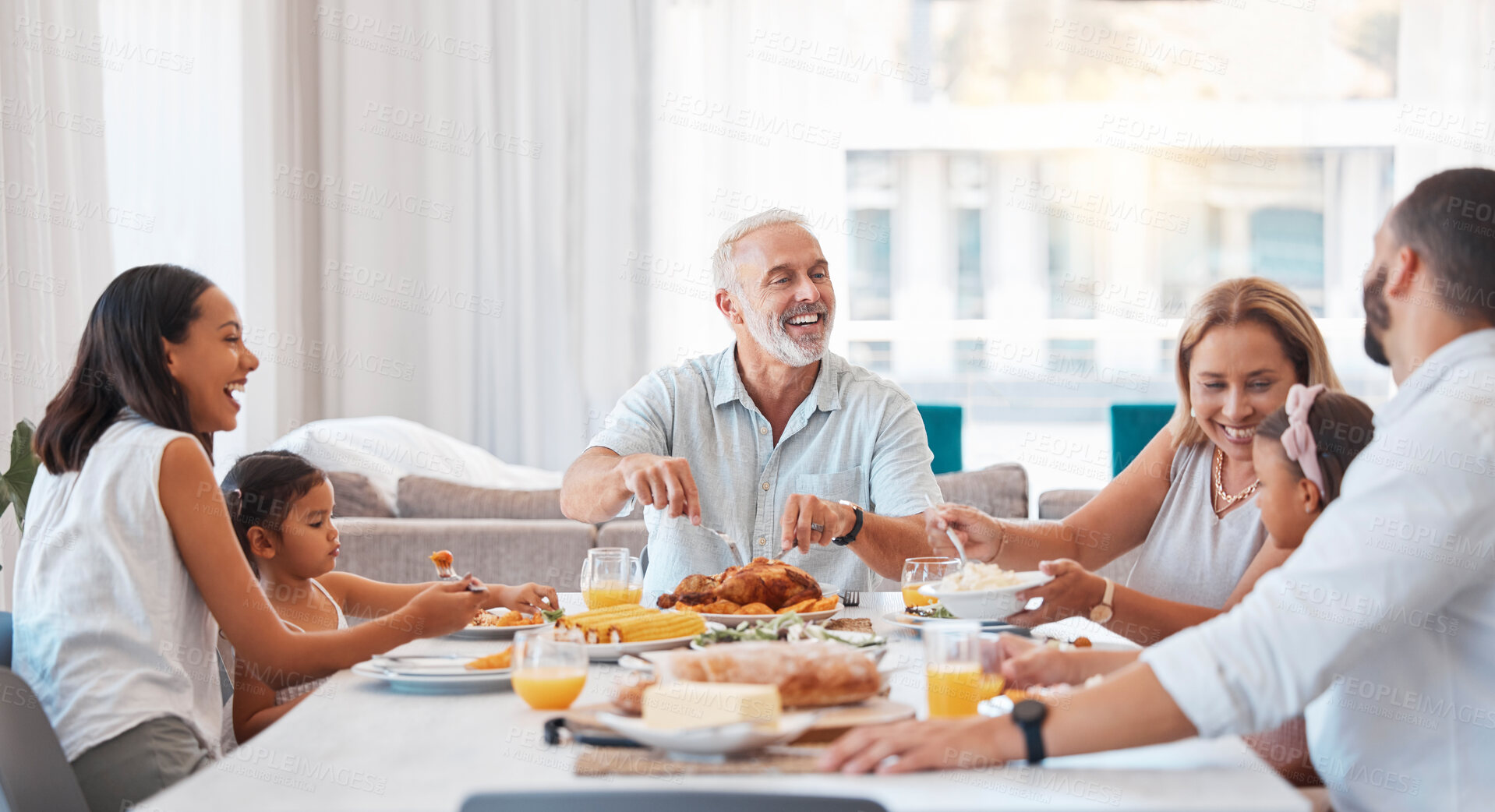 Buy stock photo Family, happy and eating together with food and drink on table, celebrate holiday or anniversary and dining room. Love, celebration and nutrition, grandparents with parents and children at home.