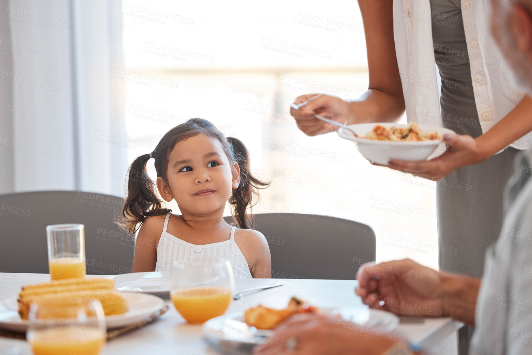 Buy stock photo Hungry family, lunch food and child with hands of woman giving meal plate to youth kid at family reunion event. Love, happiness and young girl waiting for brunch buffet during quality bonding time