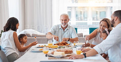 Buy stock photo Family, breakfast and food with a senior man eating during a visit from his children and grandchildren at home. Kids, love and celebration with parents and girl siblings enjoying a meal together