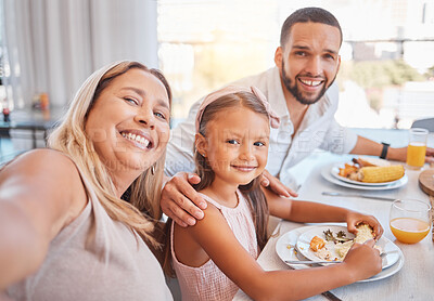 Buy stock photo Black family selfie, lunch and smile for food, love or happiness at table in home living room. Mom, child and dad smile in portrait at restaurant meal, bonding or happy family on vacation together