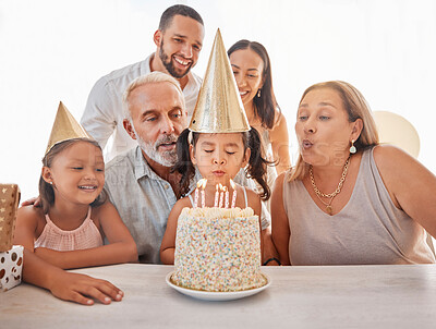 Buy stock photo Children birthday party, birthday cake or candles for blowing out with mother, father and senior grandparents in home. Fun, excited or happy kids and dessert food in celebration event in family house