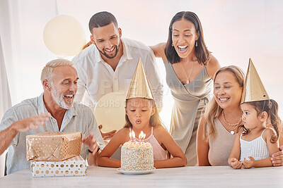 Buy stock photo Birthday cake, family and child at party with present and happy parents for growth development success and celebration at home. Gift, boxes and dessert food with candles for happy birthday with kids